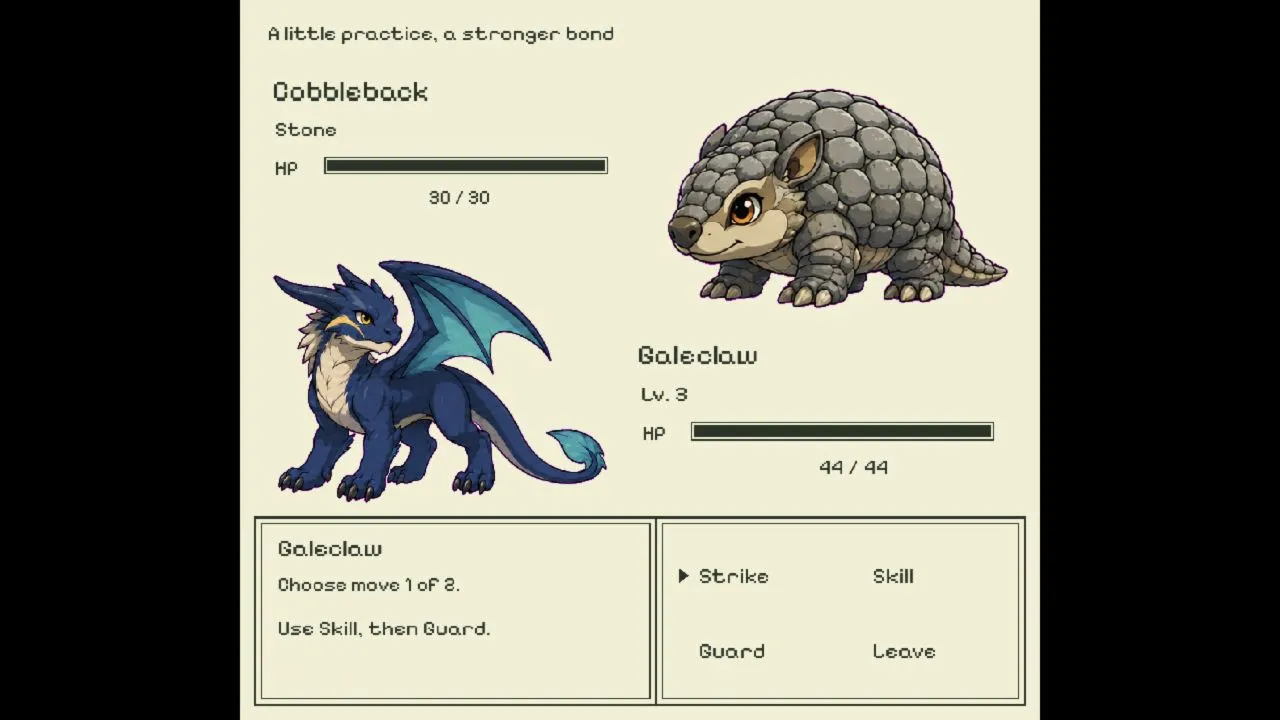 Move-select screen from the same game: Galeclaw, level 3, 44 of 44 HP, with the prompt "Choose move 1 of 2. Use Skill, then Guard" and options Strike, Skill, Guard, Leave