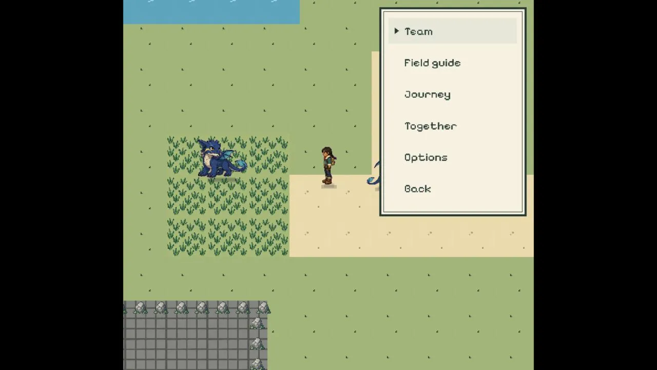 Overworld screen from the same game: a pixel-art trainer on a path beside tall grass, a blue creature in the grass, and a menu listing Team, Field guide, Journey, Together, Options and Back