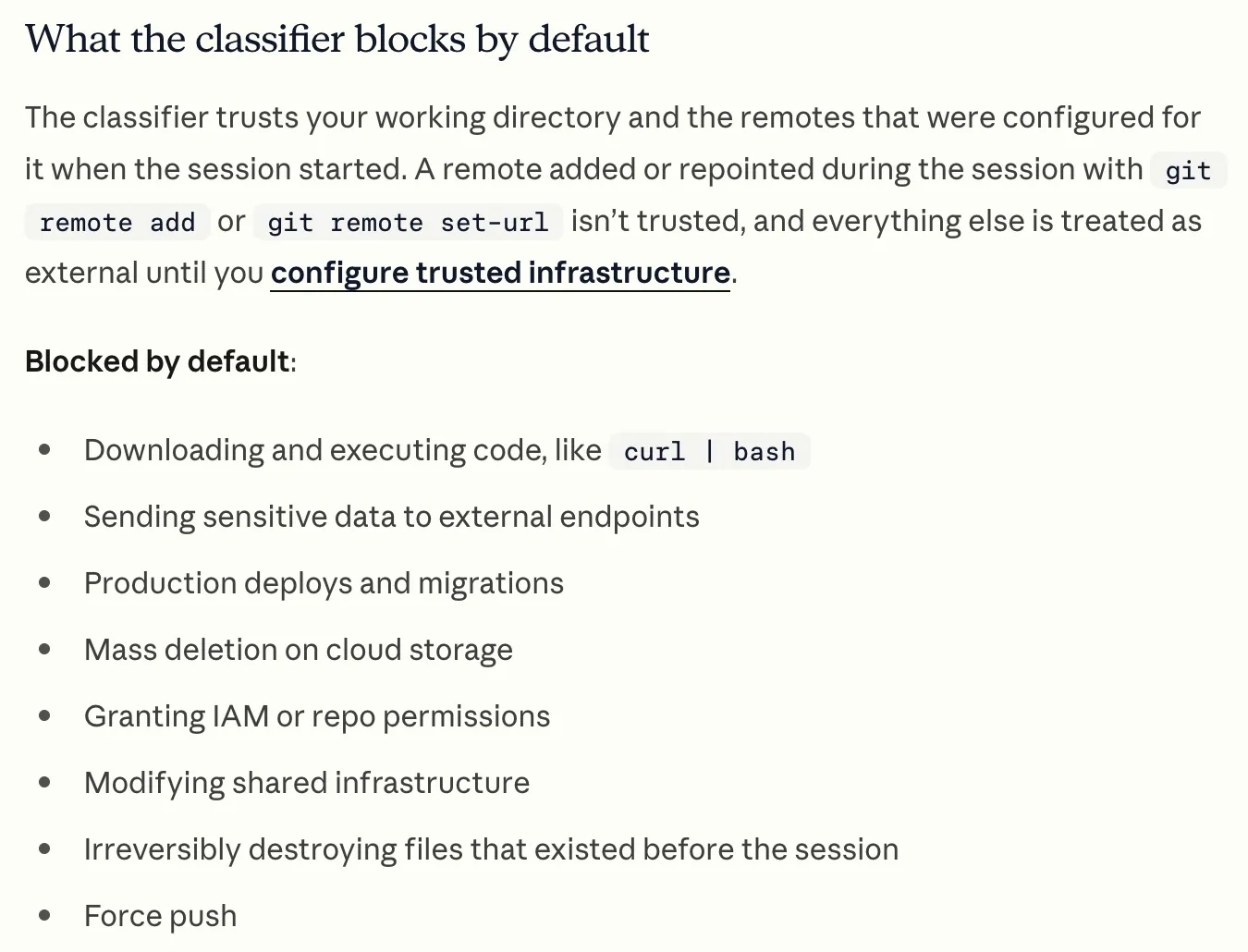 Anthropic's permission modes docs, October 18, 2026, listing what the auto mode classifier blocks by default, including curl into bash, sending sensitive data out, production deploys, mass deletion, and force push