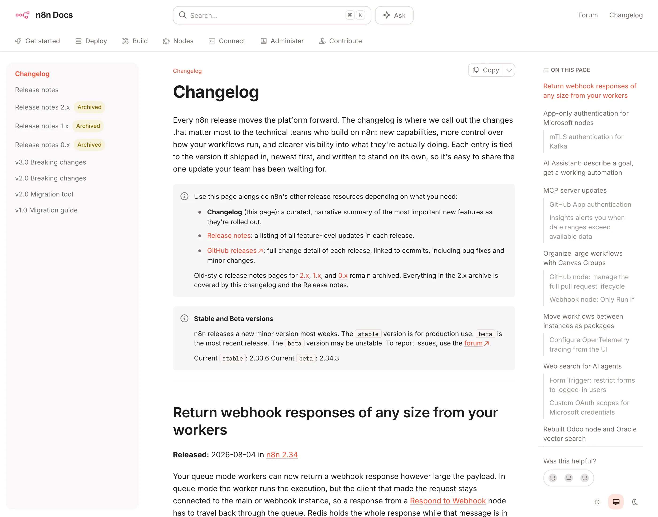n8n changelog, August 2026: current stable 2.33.6, beta 2.34.3, with the AI Assistant and MCP server updates in the release list