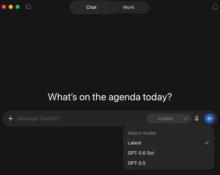 ChatGPT desktop app in Chat mode with the model menu open: Latest, GPT-5.6 Sol and GPT-5.5