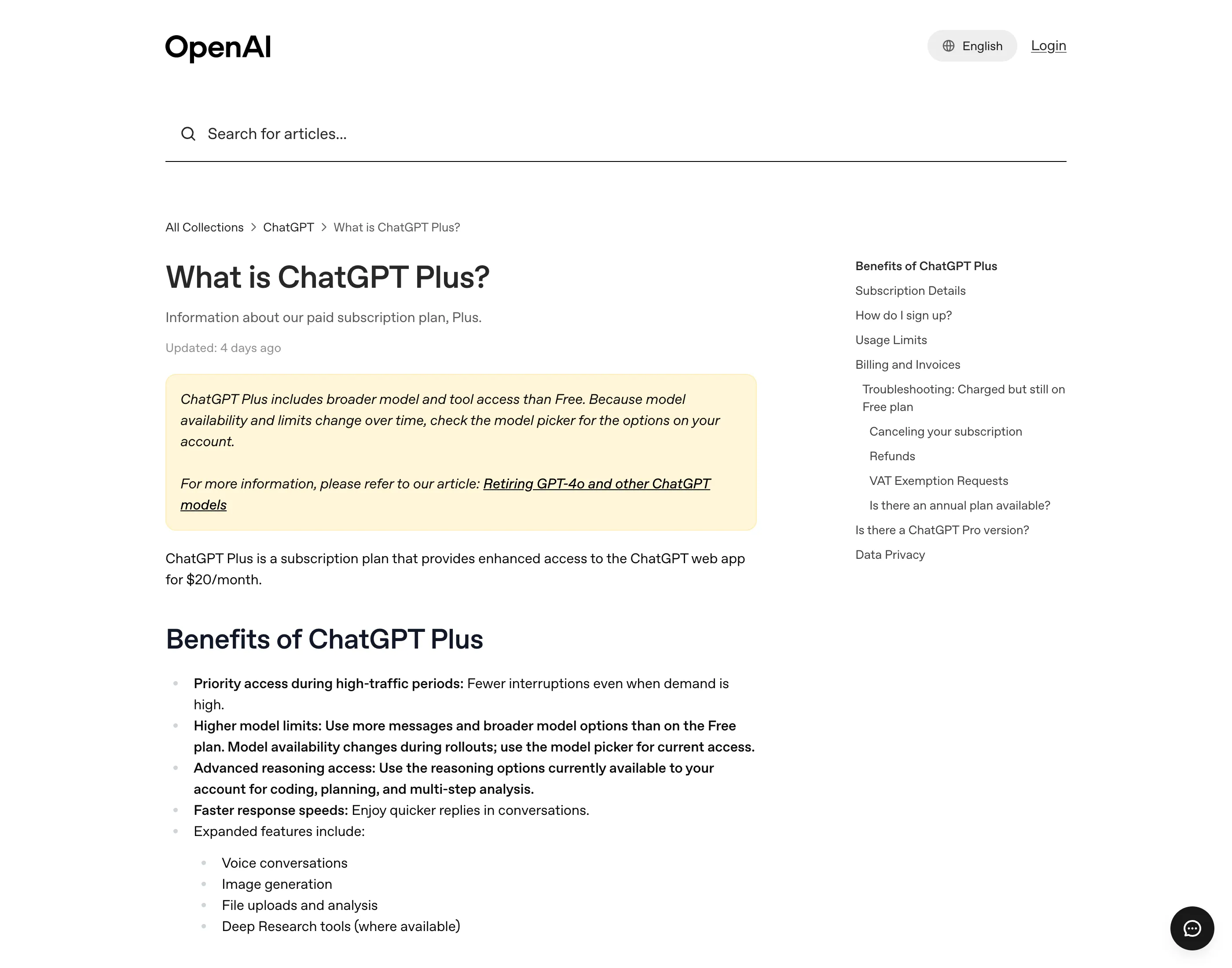 OpenAI's official ChatGPT Plus help article, the primary source for what the $20 plan includes