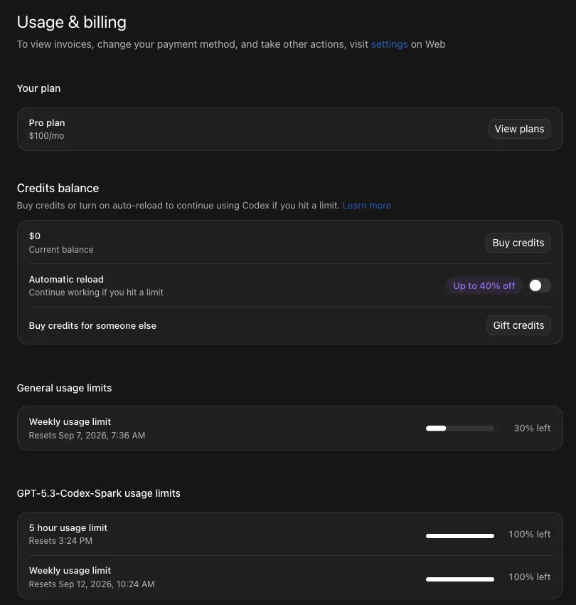 The Usage and billing pane in Chris's ChatGPT desktop app on September 5, 2026, showing the Pro plan at $100 a month, a $0 credits balance and a weekly usage limit with 30% left