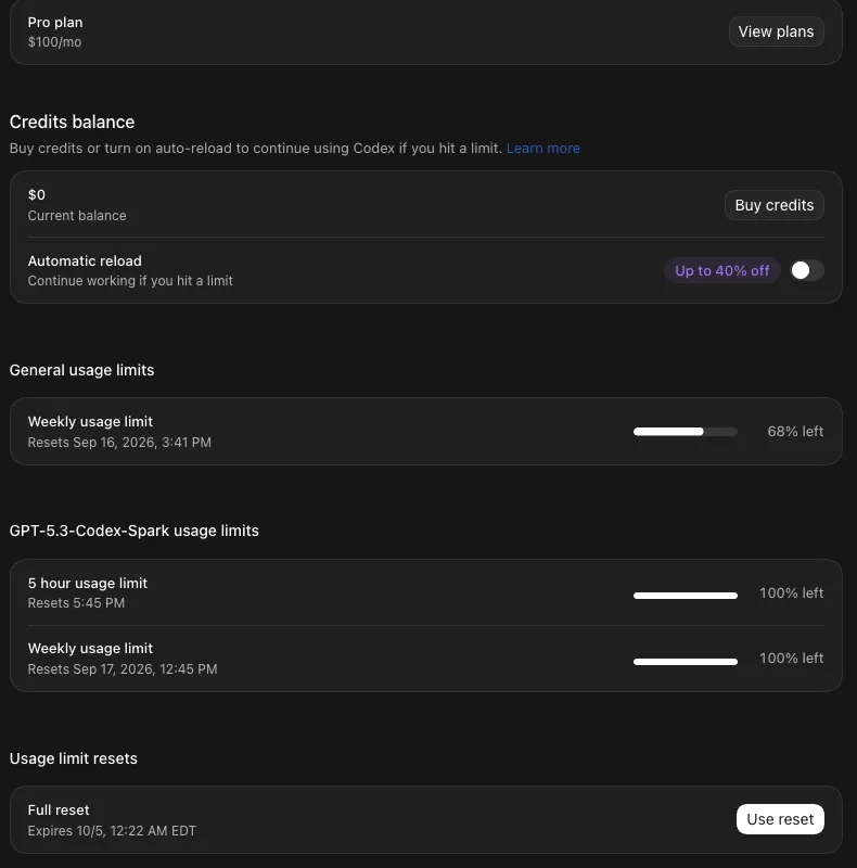 My ChatGPT desktop Usage and billing screen in September 2026: Pro plan at $100 a month, $0 credits balance, weekly usage limit at 68% left, and one Full reset under Usage limit resets