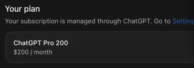 ChatGPT desktop app, Settings, Usage and billing, Your plan row reading ChatGPT Pro 200 at $200 a month