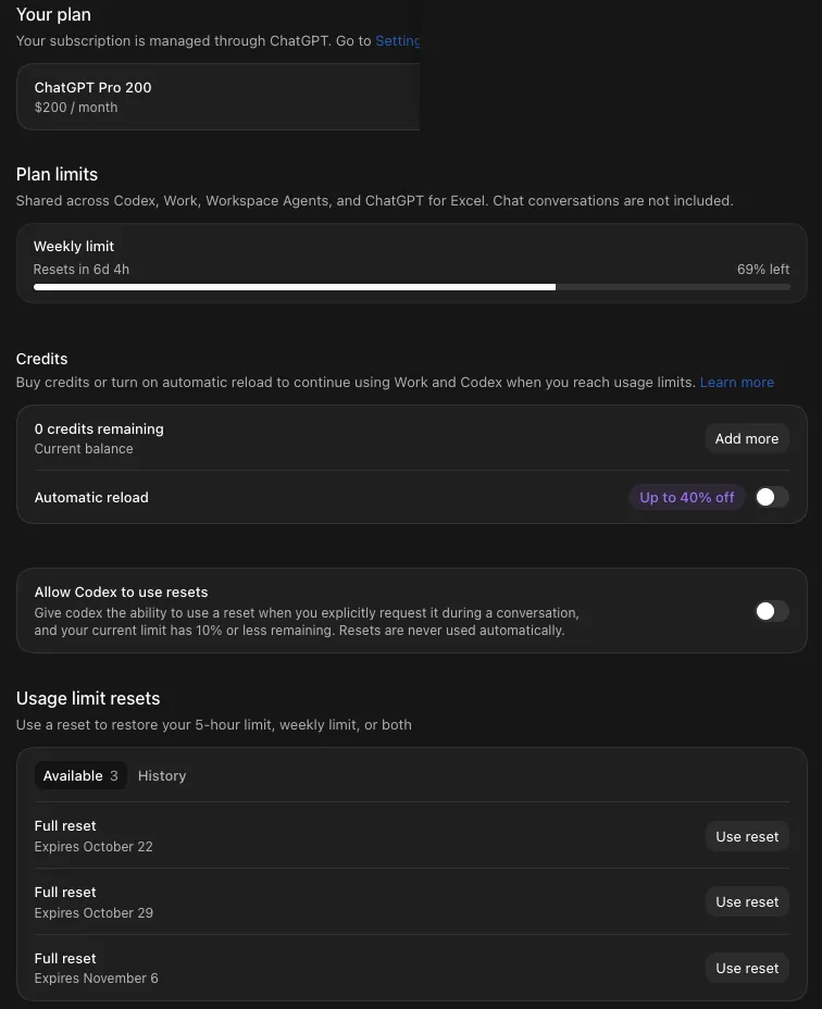 My ChatGPT desktop Usage screen on October 18, 2026: ChatGPT Pro 200 at $200 a month, one weekly limit with 69% left and no five-hour meter, 0 credits remaining with automatic reload off, the Allow Codex to use resets toggle, and three available Full resets expiring October 22, October 29 and November 6. Three crops of the same pane, stacked; a system dialog covered the right edge of the plan card.