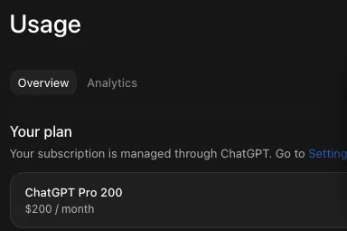 My ChatGPT Usage screen showing the ChatGPT Pro 200 plan at $200 a month