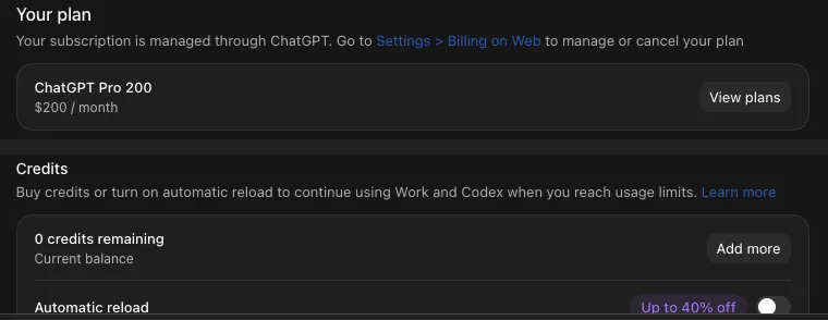 My ChatGPT Usage & billing: Pro 200 at $200 a month, 0 credits remaining, automatic reload off