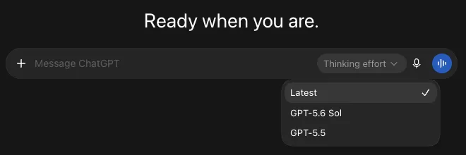 The Chat composer in my ChatGPT desktop app on Pro $100, September 5, 2026: a Thinking effort menu with a model list reading Latest, GPT-5.6 Sol, and GPT-5.5