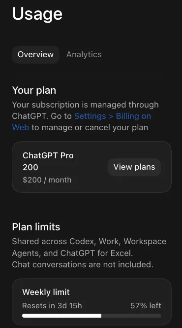 Chris's ChatGPT Usage pane on October 10, 2026, showing ChatGPT Pro 200 at $200 a month and a weekly limit shared across Codex, Work, Workspace Agents and ChatGPT for Excel, 57 percent left
