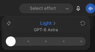 The effort control in ChatGPT Work on September 22, 2026, set to Light for GPT-6 Astra, the lowest of five positions on the slider