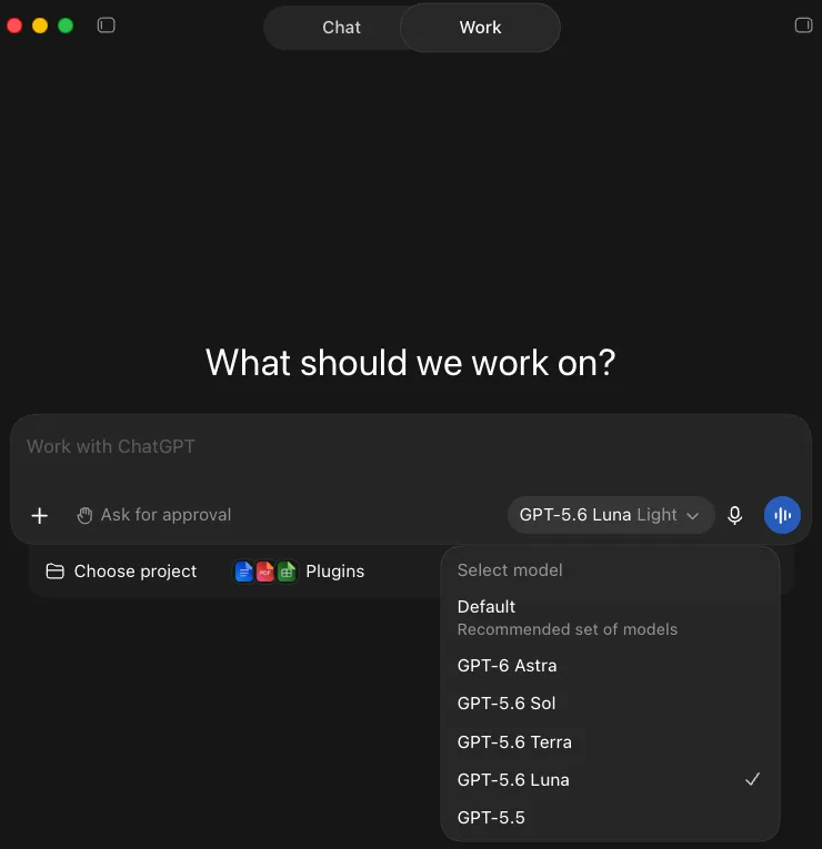 The Work tab of my ChatGPT desktop app on Pro $100, September 22, 2026: the Select model menu lists Default, GPT-6 Astra, GPT-5.6 Sol, GPT-5.6 Terra, GPT-5.6 Luna, and GPT-5.5