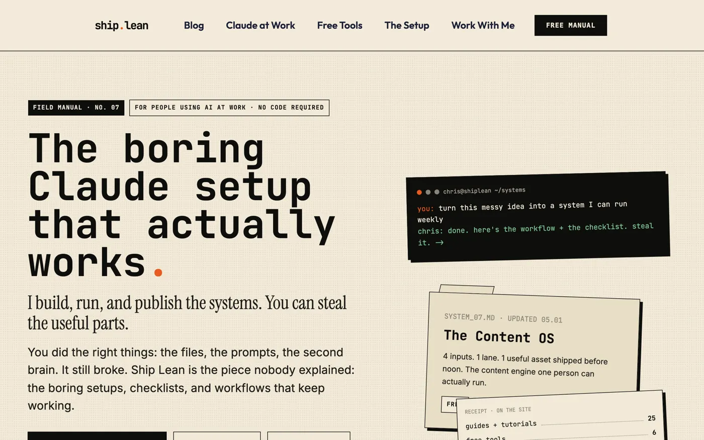 The homepage at christopheralarcon.com, built with Claude Code on Astro, Tailwind and Vercel: the headline reads The boring Claude setup that actually works