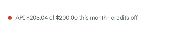 My Under the Hood dashboard: API $203.04 of $200.00 this month, credits off