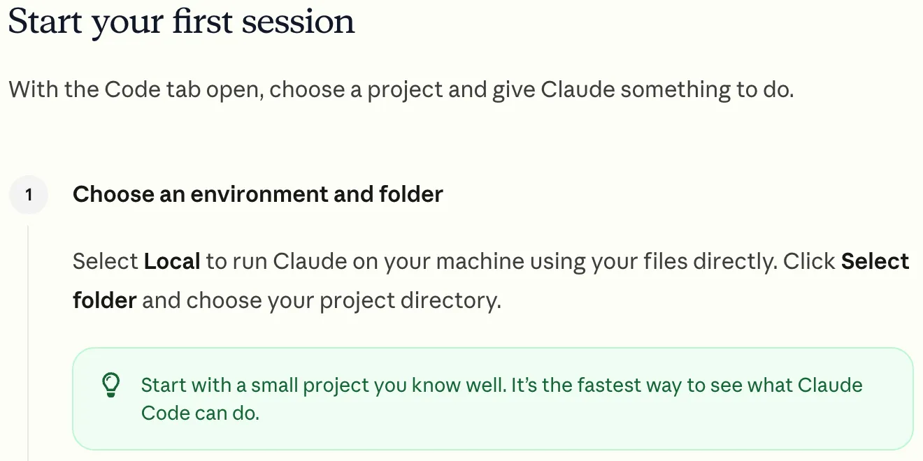 Anthropic's Claude Code desktop quickstart: select Local to run Claude on your machine, then Select folder