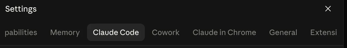 Claude desktop settings showing Claude Code and Cowork as sibling tabs
