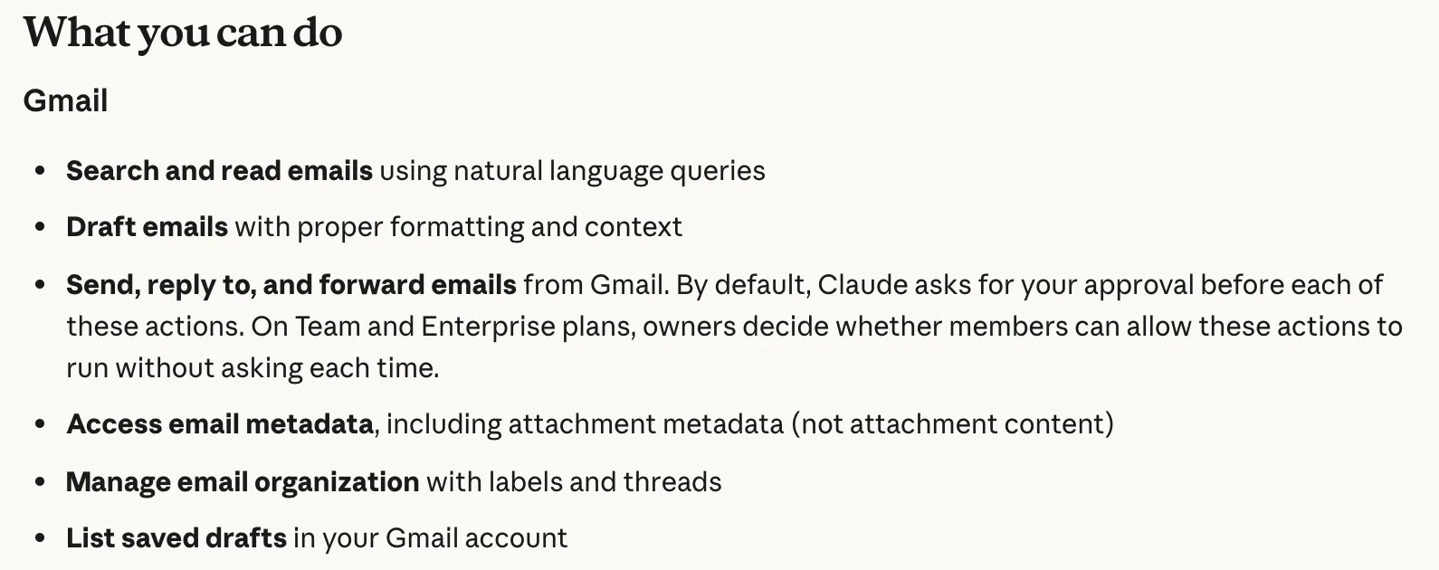 Anthropic's Gmail connector help: search, draft, send with approval by default, labels and threads