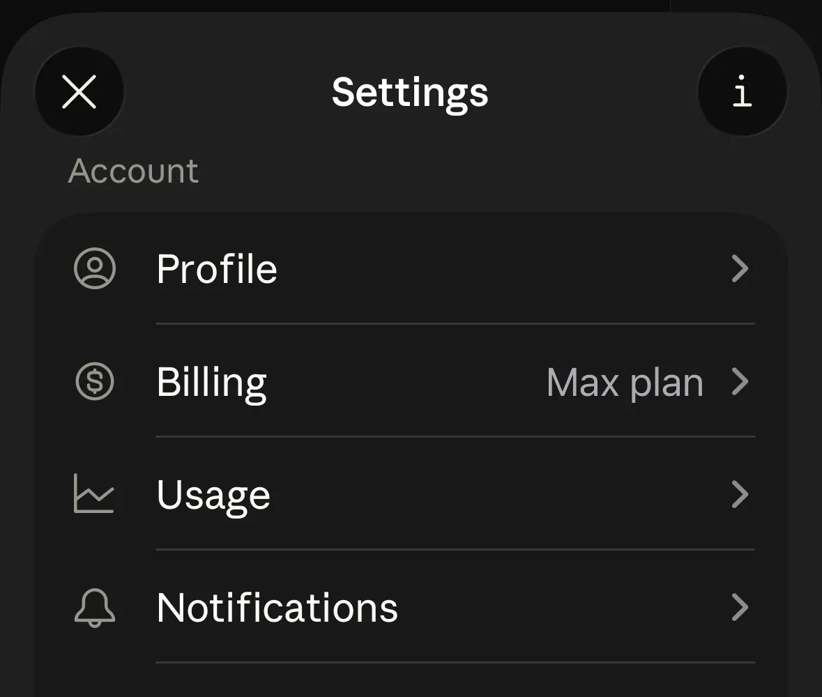 Claude billing settings on my phone showing the Max plan on my own account