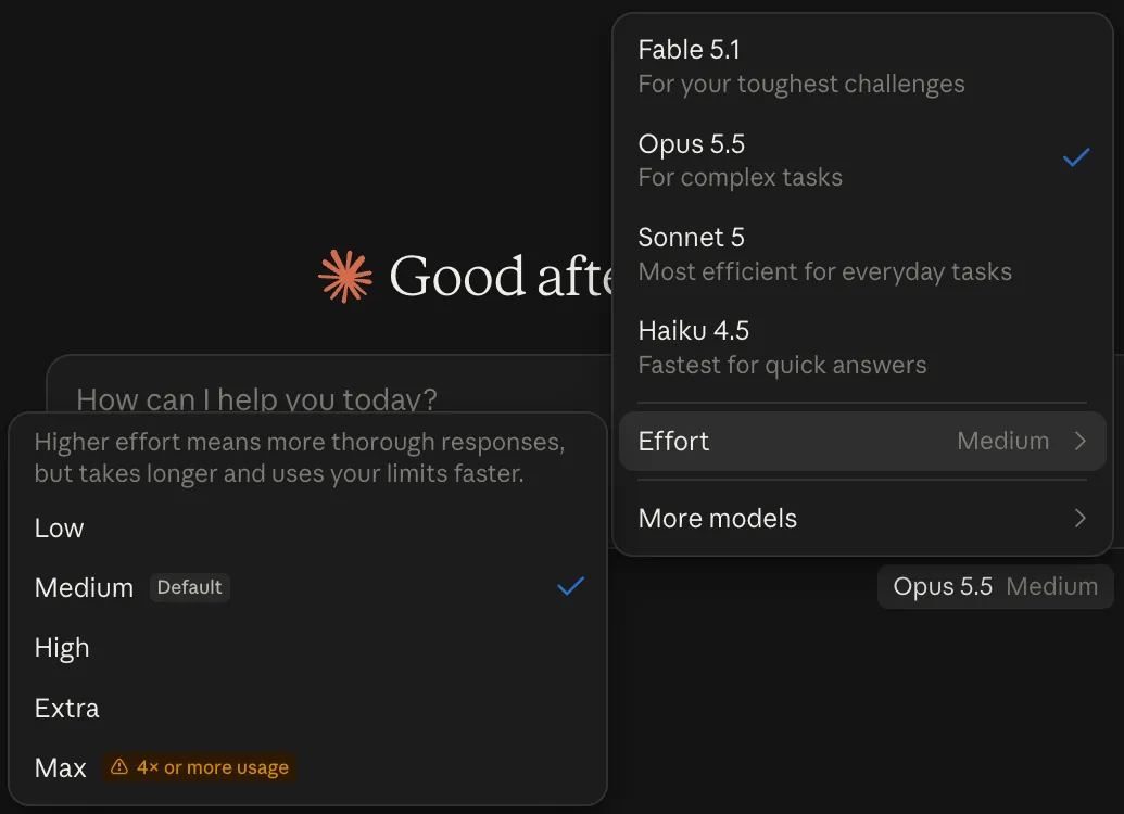 Claude model picker on Chris's account: Opus 5.5 selected, the Effort menu open with Low, Medium as default, High, Extra and Max at 4x or more usage