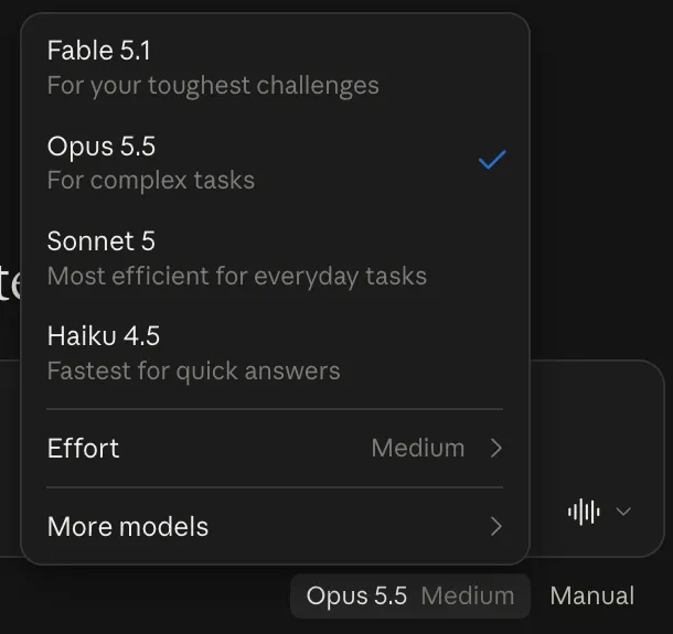 The model picker in my Claude desktop app on the Max 20x plan, September 22, 2026: Fable 5.1 for your toughest challenges, Opus 5.5 for complex tasks with a checkmark, Sonnet 5 most efficient for everyday tasks, Haiku 4.5 fastest for quick answers, an Effort setting on Medium, and a More models menu