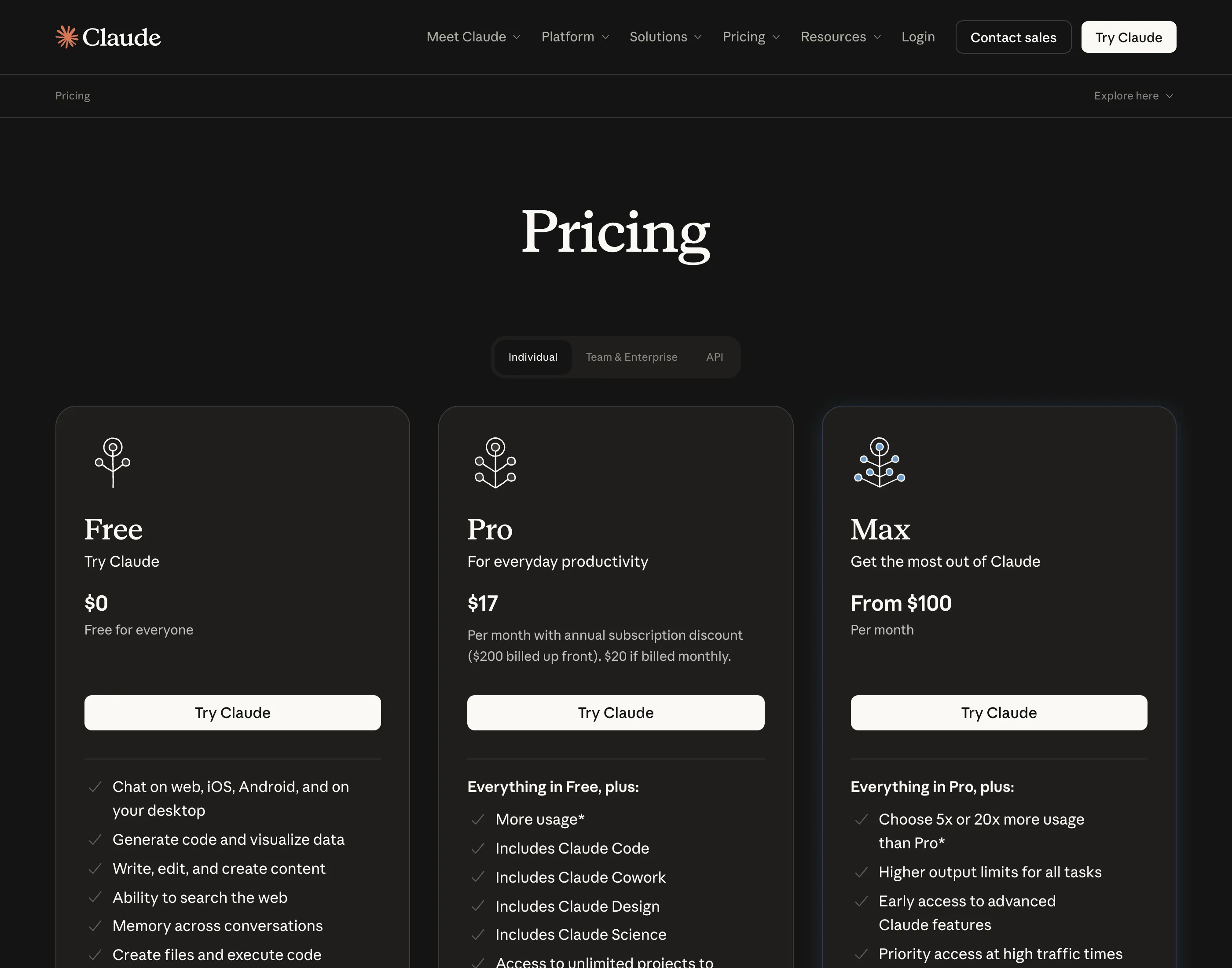 Anthropic's live pricing page: Free, Pro at $17-20, Max from $100
