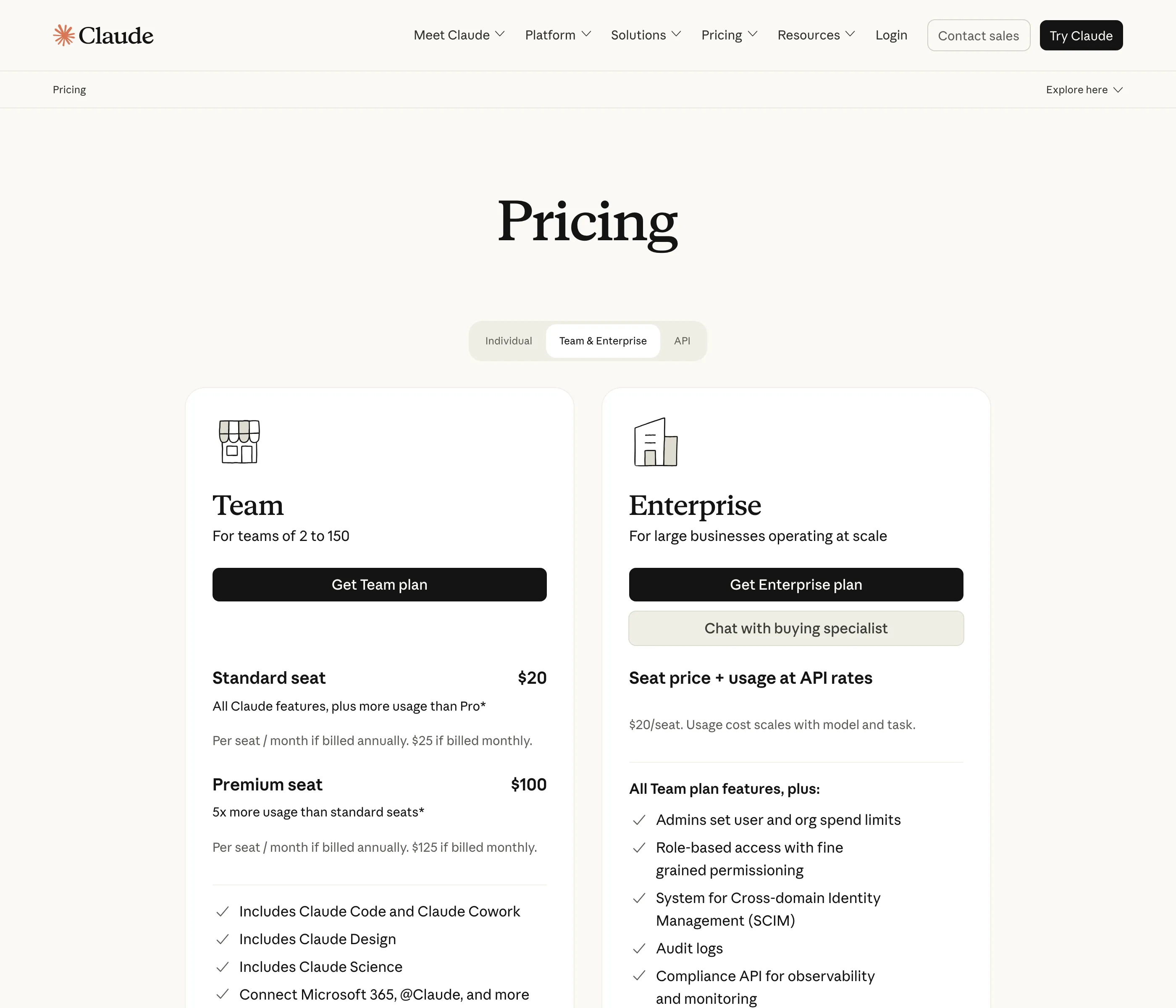 Anthropic's pricing page on September 5, 2026 with the Team and Enterprise tab selected. The Team card reads For teams of 2 to 150, Standard seat $20 per seat per month billed annually or $25 monthly, Premium seat $100 annually or $125 monthly with 5x more usage than standard seats, and a feature line reading Includes Claude Code and Claude Cowork