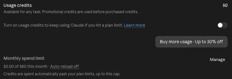 My Claude desktop Settings, Usage pane on Max 20x, October 23, 2026: Usage credits $0, the switch to keep using Claude past a plan limit turned off, a Buy more usage button marked Up to 30% off, and a monthly spend limit showing $0.00 of $80 this month with auto-reload off