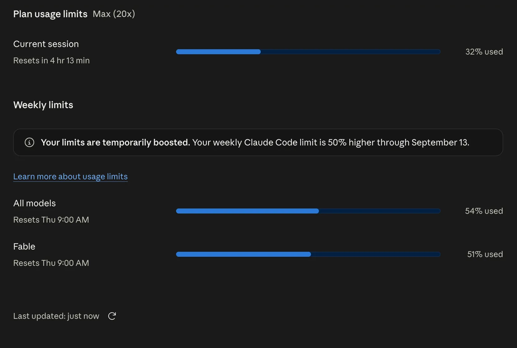 My Claude usage page on the Max 20x plan, Saturday afternoon September 5, 2026: current session 32% used and resetting in 4 hours 13 minutes; weekly limits All models 54% used and Fable 51% used, both resetting Thursday 9 AM; a notice that the weekly Claude Code limit is temporarily 50% higher through September 13