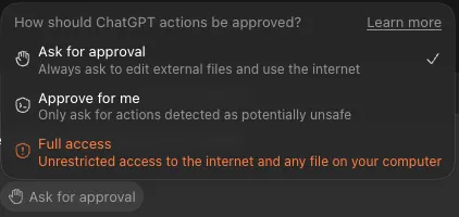 Codex permissions menu titled How should ChatGPT actions be approved?, listing Ask for approval (checked), Approve for me and Full access with their one-line descriptions
