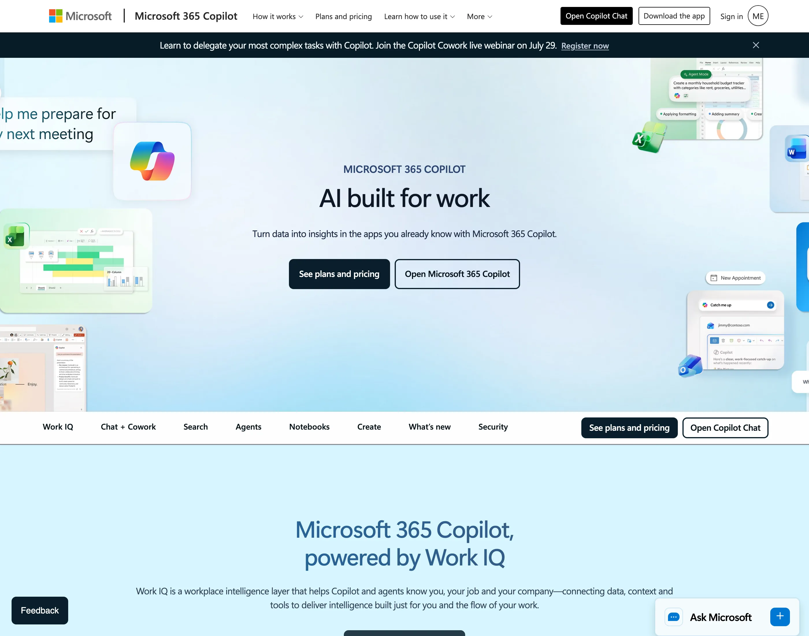Microsoft 365 Copilot's official page, "AI built for work," the paid product most articles conflate with the free Copilot Chat