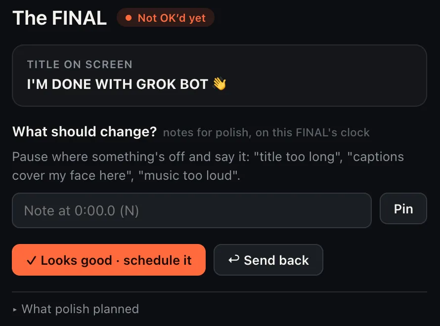 The FINAL panel in Chris's Cutroom app, October 18, 2026, with the on-screen title, a notes box, a Looks good schedule it button and a Send back button