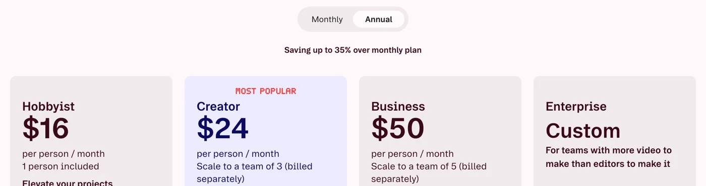 Descript's pricing page on October 18, 2026, with Annual selected: Hobbyist $16, Creator $24, Business $50 per person per month, Enterprise custom