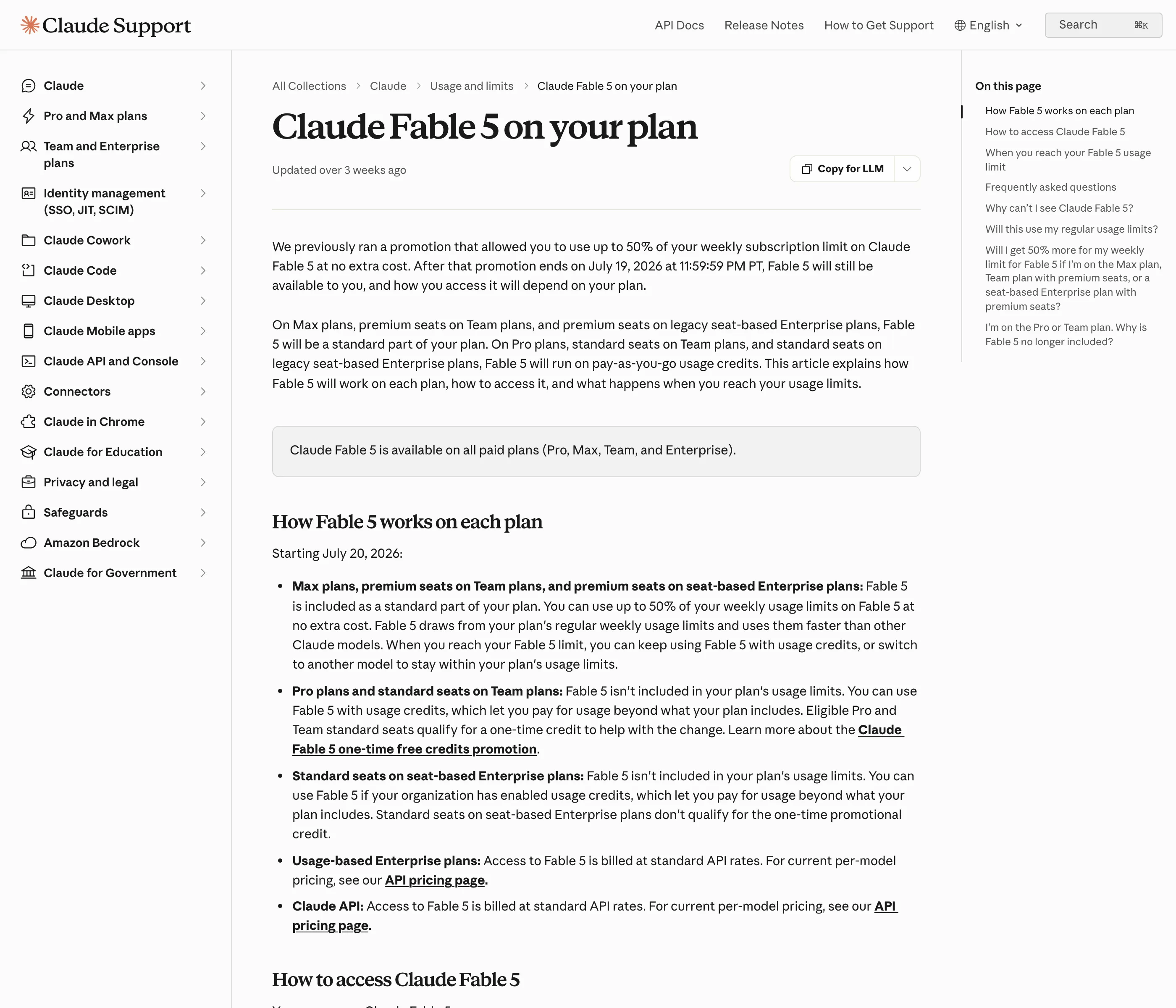 Anthropic's support article on Claude Fable by plan, stating that on Max plans Fable is a standard part of the plan at up to 50% of weekly usage limits, while on Pro plans it runs on pay-as-you-go usage credits