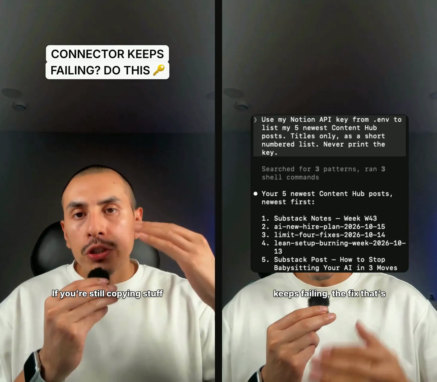 Two frames from Chris's finished Short, October 15, 2026: an on-screen title card reading Connector keeps failing? Do this, with burned-in captions, and a real terminal screenshot overlaid above him while he talks