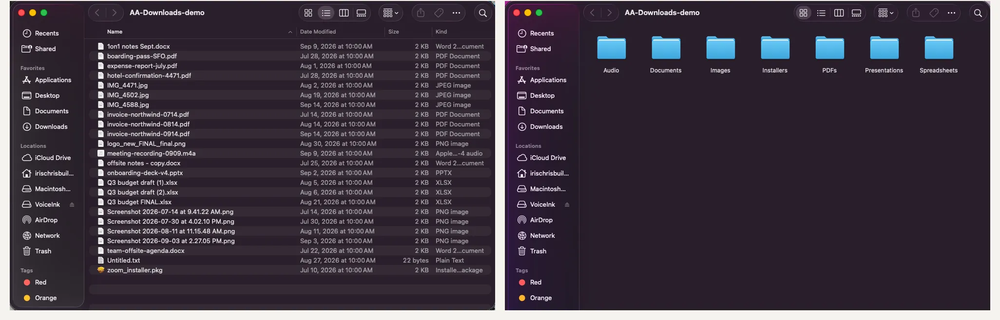 Before and after: 24 loose files sorted into 7 folders by Claude