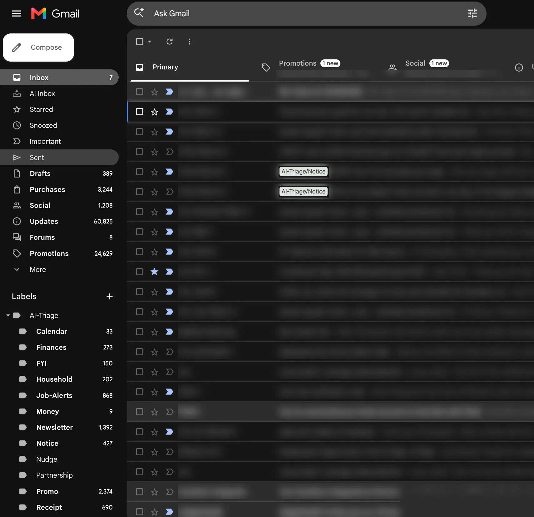 My Gmail with the AI-Triage labels my robot files into: Receipt 690, Newsletter 1,392, Notice 427, Promo 2,374, Job-Alerts 868; senders and subjects blurred