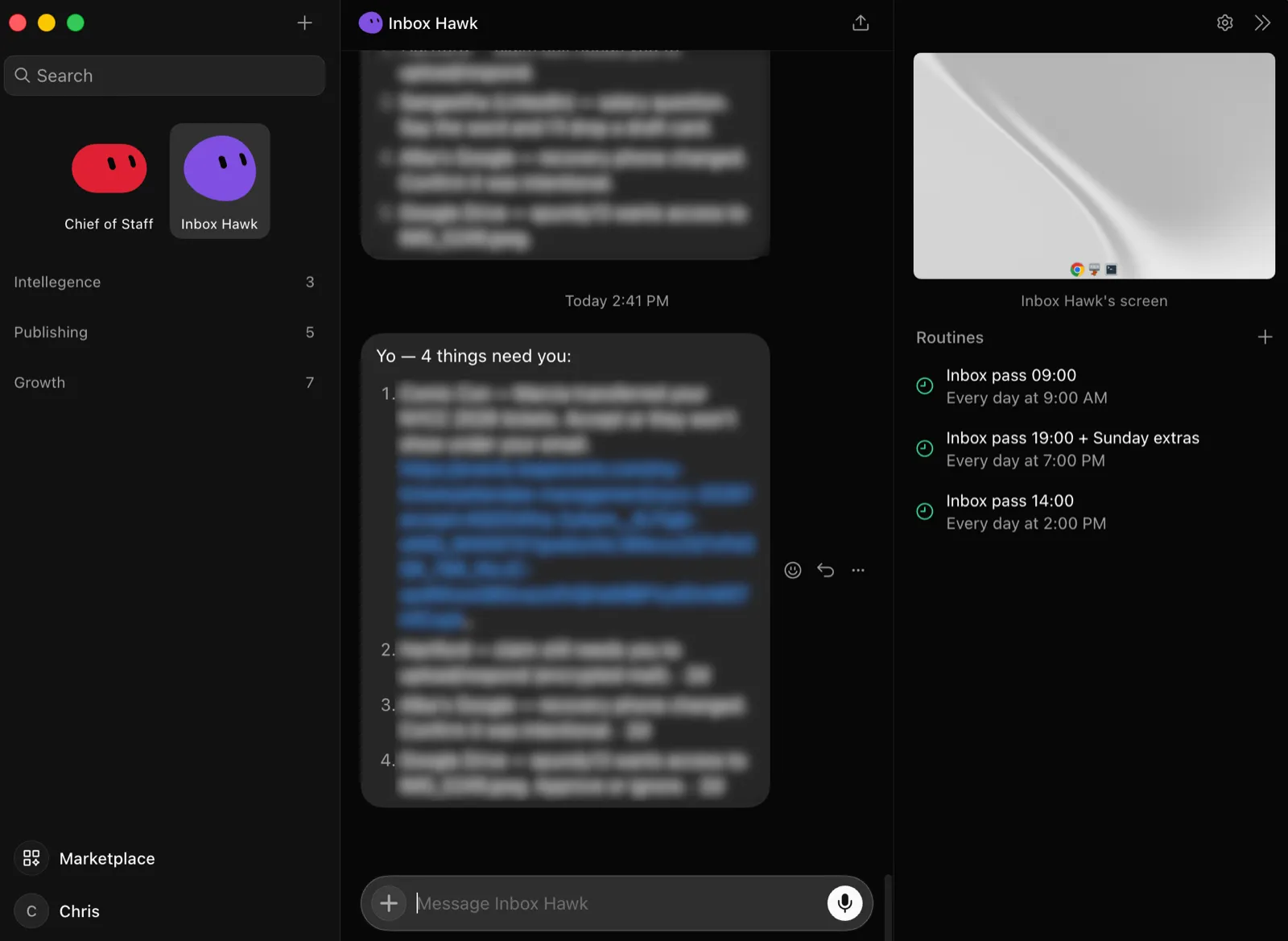 My Grok Bot app: Chief of Staff and Inbox Hawk bots, folders for Intelligence, Publishing and Growth, and three daily inbox-pass routines