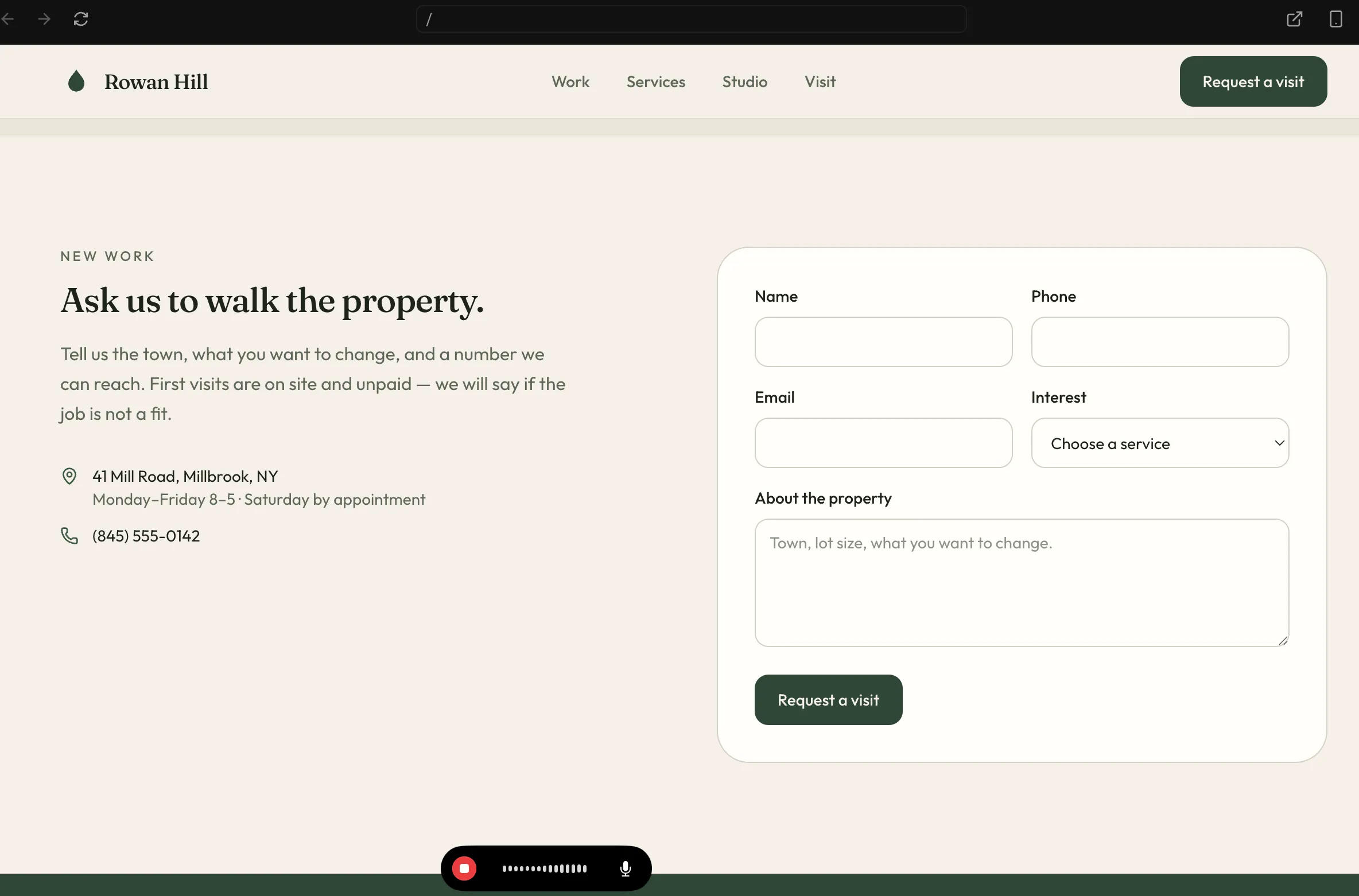 The contact section of the generated site: a form with Name, Phone, Email, an Interest dropdown reading Choose a service, and an About the property text area, next to an address and a 555 phone number