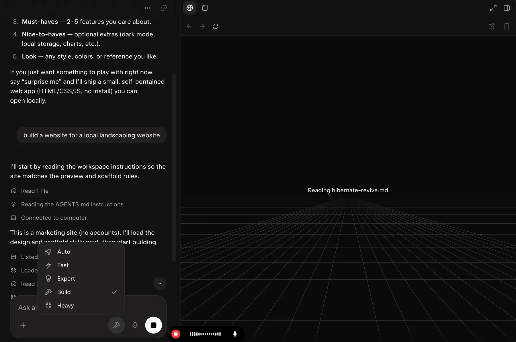 The Grok mode menu in a Build session on my account: Auto, Fast, Expert, Build checked, Heavy, next to the preview pane