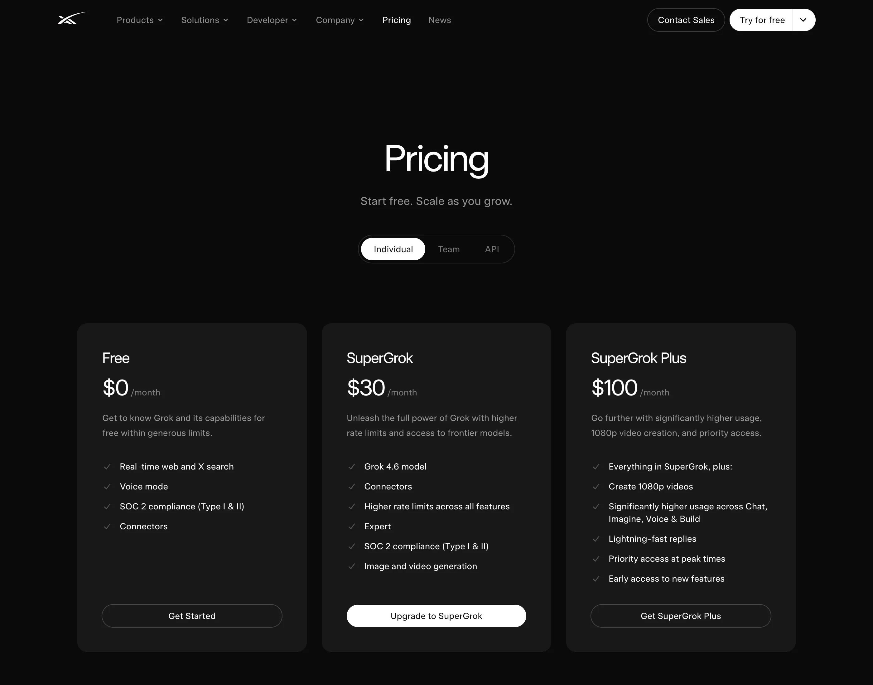 xAI's live pricing page: Free, SuperGrok at $30, SuperGrok Plus at $100