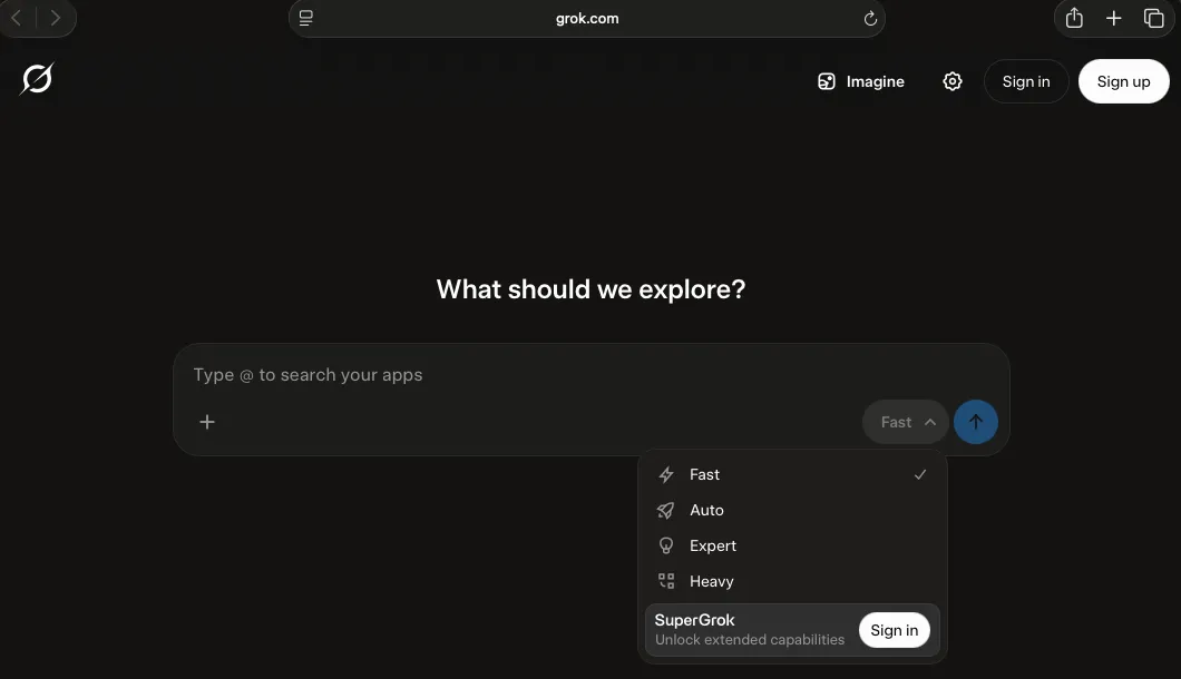 The grok.com message box signed out, mode menu open: Fast checked, then Auto, Expert and Heavy, with no model number shown