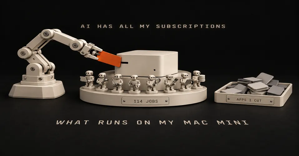 What Runs on My Mac Mini: 114 Robots, One AI Bill, and Almost No Apps