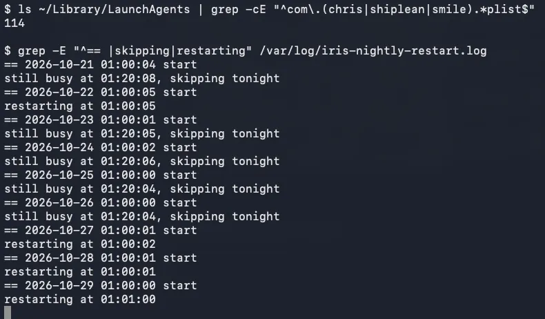 Terminal: 114 scheduled jobs, then the restart log with four "skipping tonight" nights, October 23 to 26
