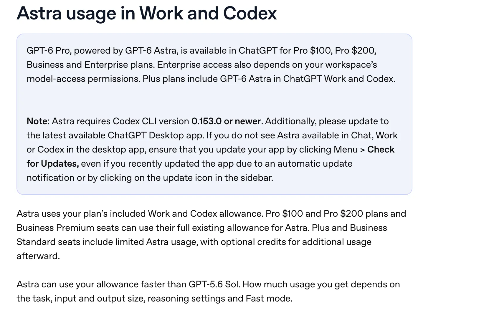 OpenAI's help page section on Astra usage in ChatGPT Work and Codex