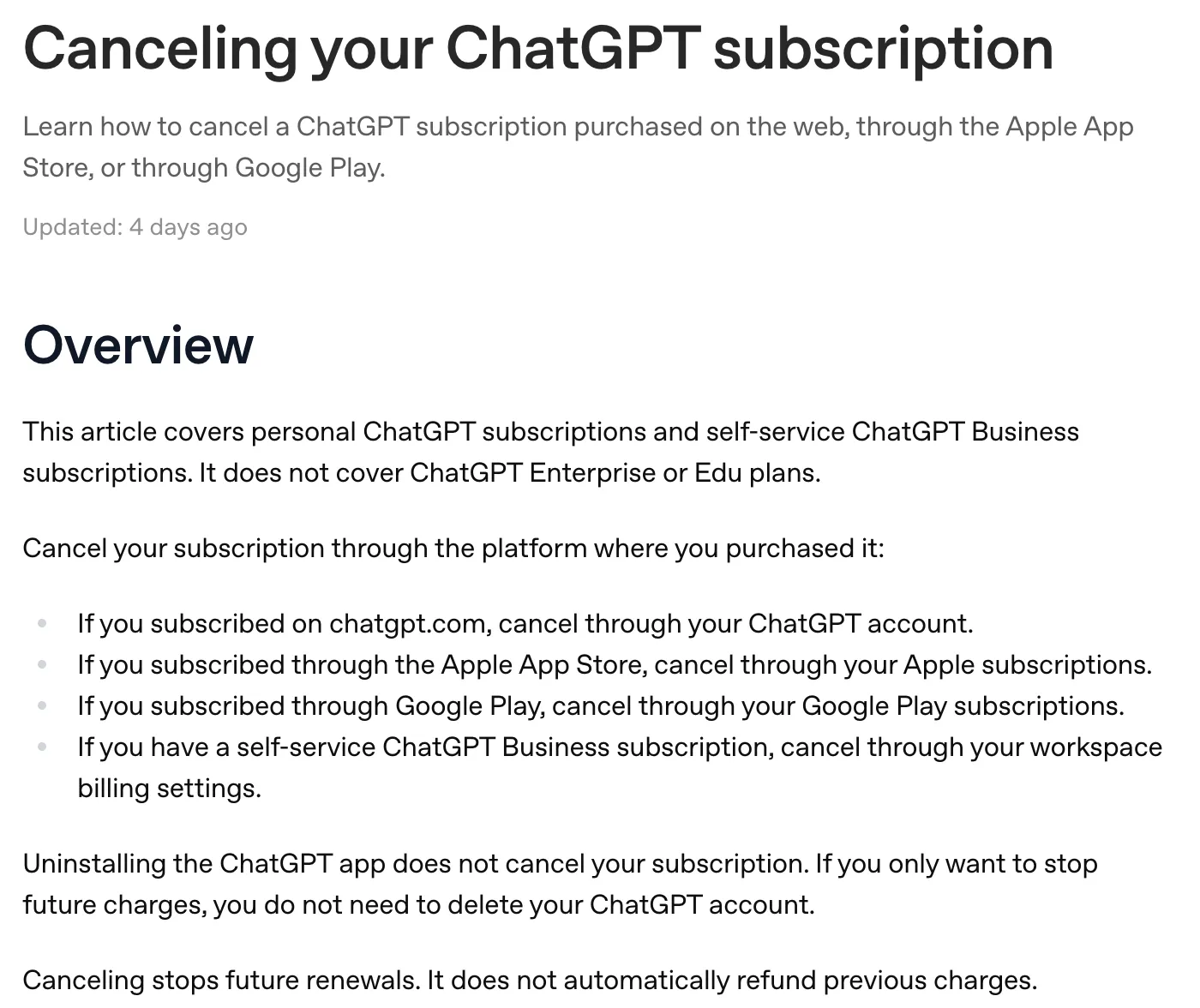 OpenAI help article Canceling your ChatGPT subscription, listing four places to cancel: chatgpt.com account, Apple subscriptions, Google Play subscriptions, Business workspace billing