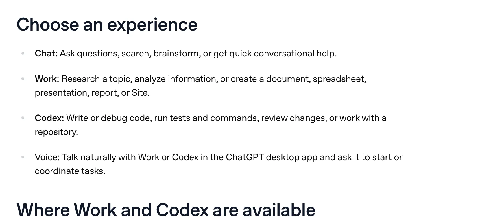 OpenAI's help page listing what Chat, Work, Codex and Voice are each for