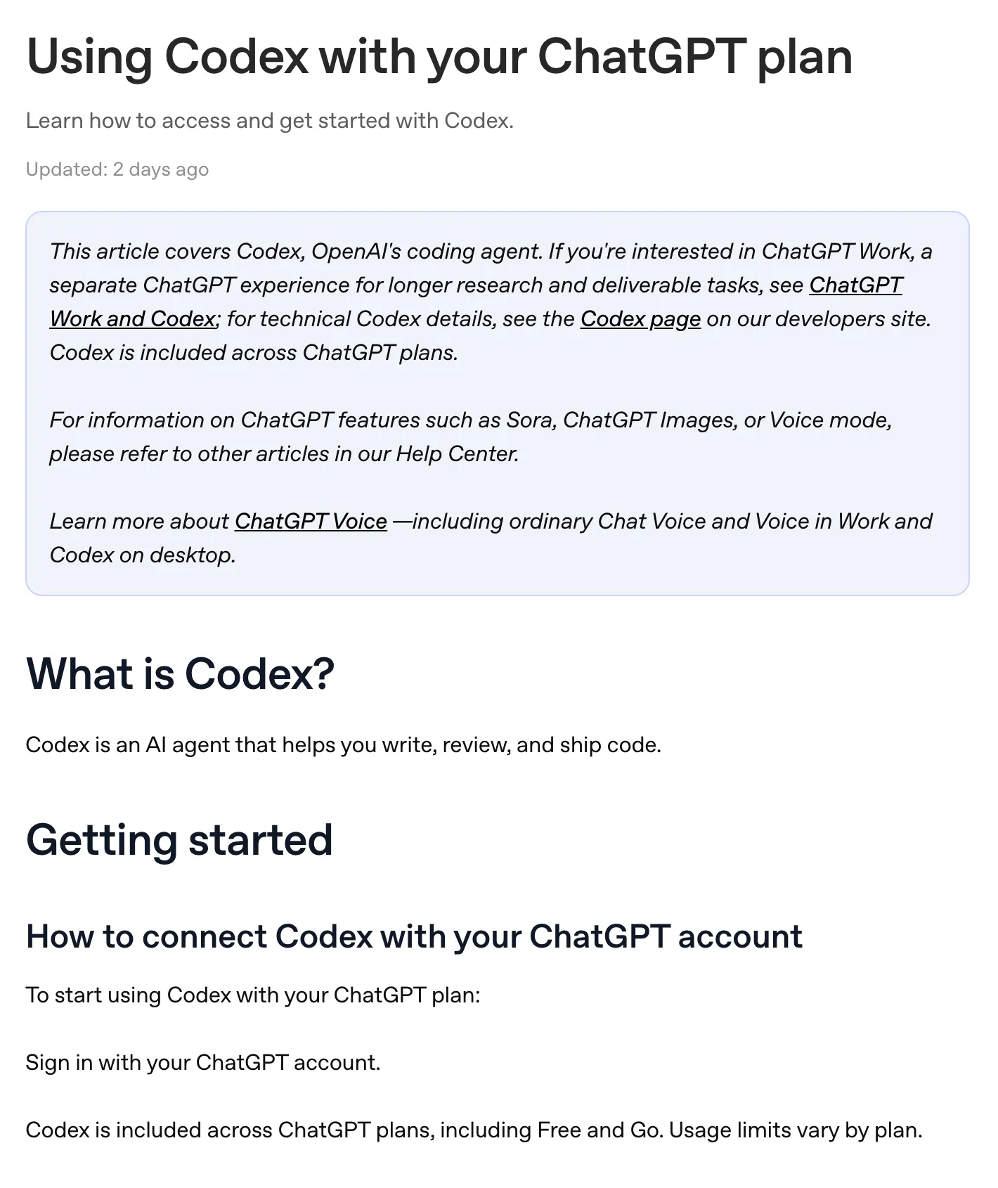 OpenAI's help center article Using Codex with your ChatGPT plan, with the line Codex is included across ChatGPT plans, including Free and Go. Usage limits vary by plan.