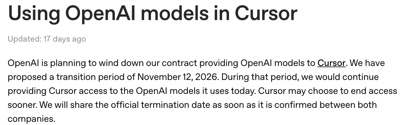 OpenAI help center article titled Using OpenAI models in Cursor, saying OpenAI plans to wind down its contract providing models to Cursor with a proposed transition period of November 12, 2026