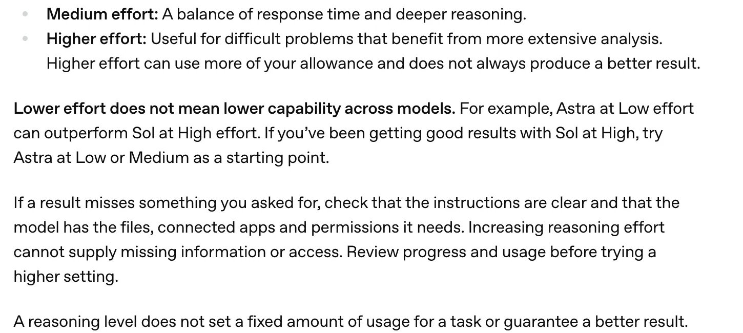 OpenAI help center text explaining that higher effort can use more of your allowance and does not always produce a better result, and that lower effort does not mean lower capability across models, giving the example that Astra at Low effort can outperform Sol at High effort