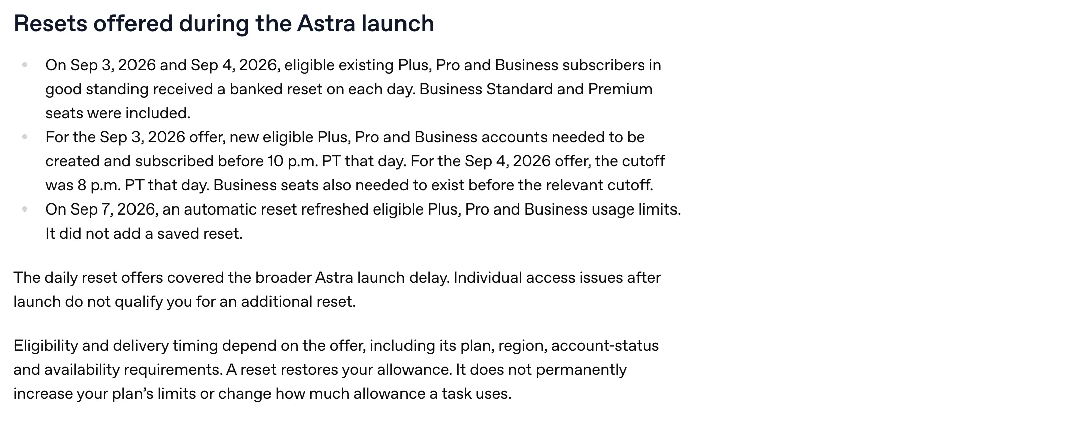 OpenAI help center section titled Resets offered during the Astra launch, listing banked resets granted on September 3 and September 4, 2026 to eligible existing Plus, Pro and Business subscribers, and an automatic reset on September 7, 2026